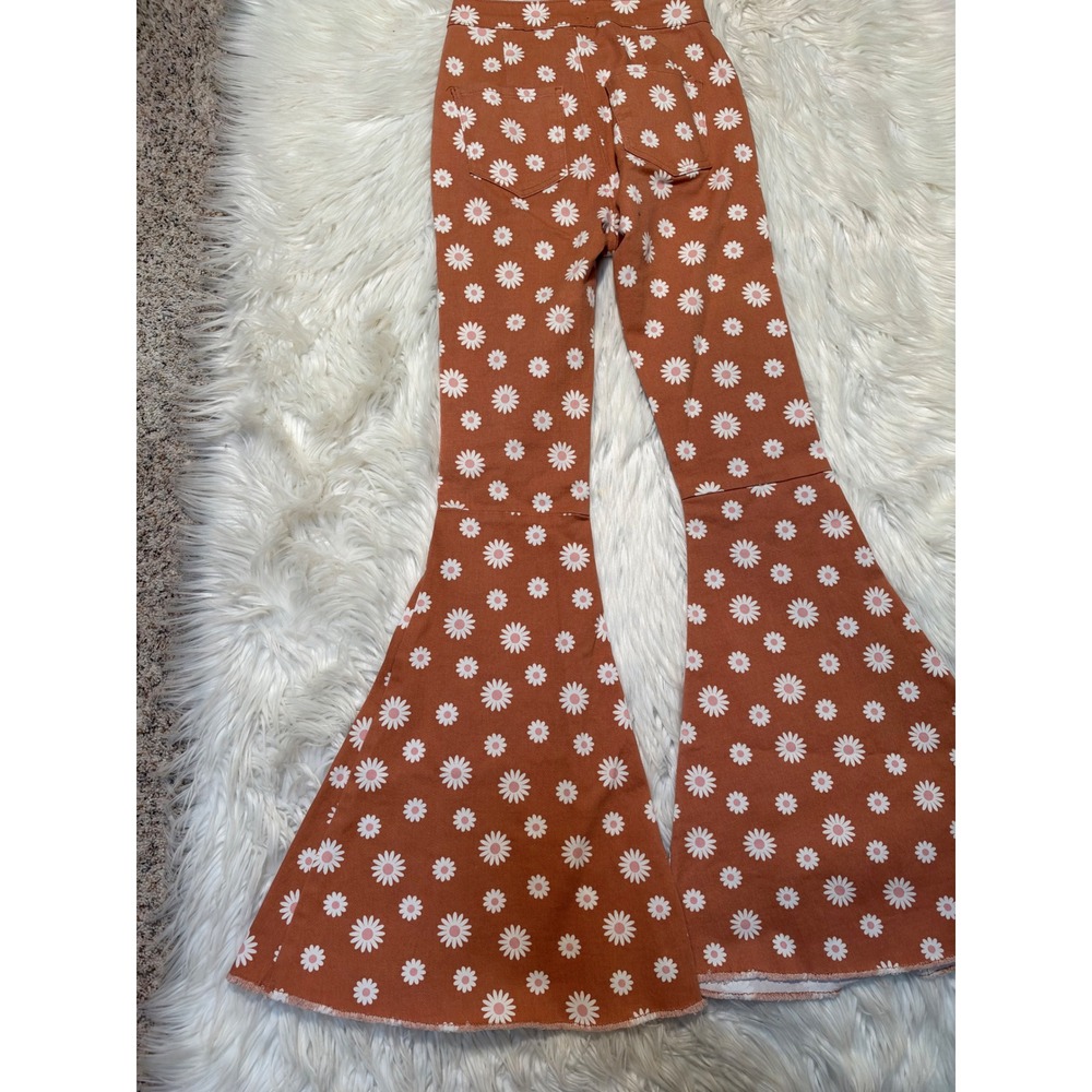 Altar'd State Women's Size XS Bell Bottom Flare Jeans Orange Rust Daisy Floral - Picture 8 of 12